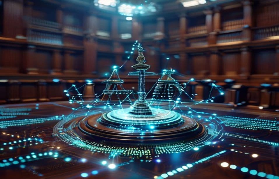 Interface de inteligência artificial sobre mesa jurídica com símbolos europeus abstractos