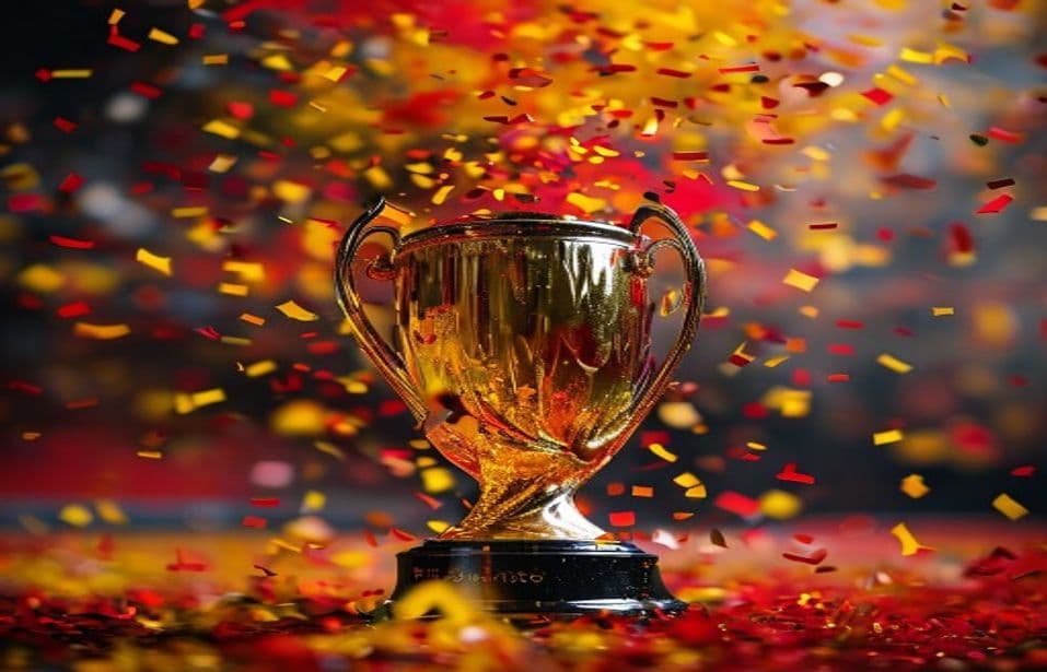 Celebração de futebol em estádio com cores de Espanha, troféu e confettis, imagem contextual gerada