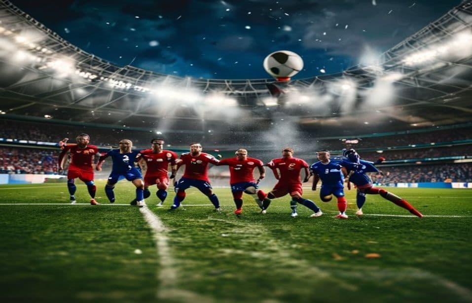 Jogadores de futebol disputam bola num estádio cheio durante jogo internacional