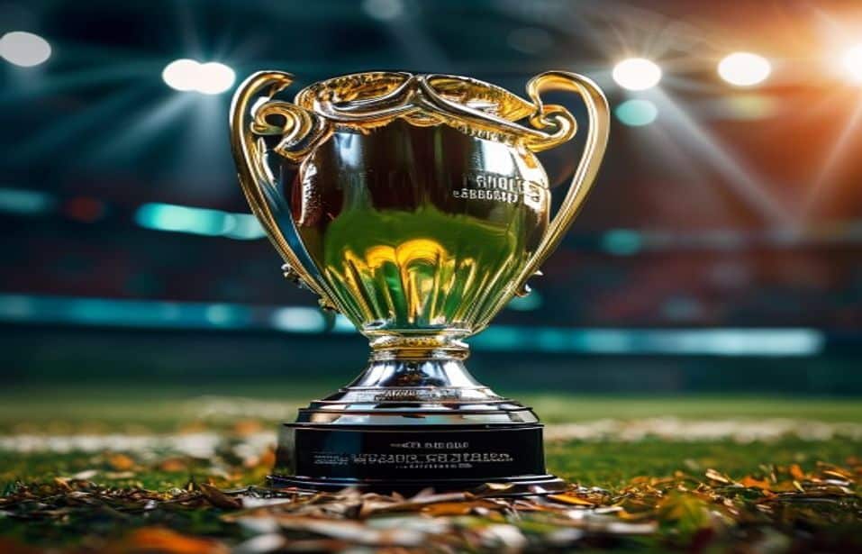 Troféu de futebol junto a notas simbólicas e luzes de estádio em imagem editorial