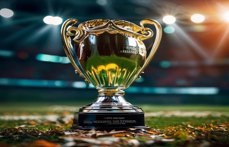 Troféu de futebol junto a notas simbólicas e luzes de estádio em imagem editorial