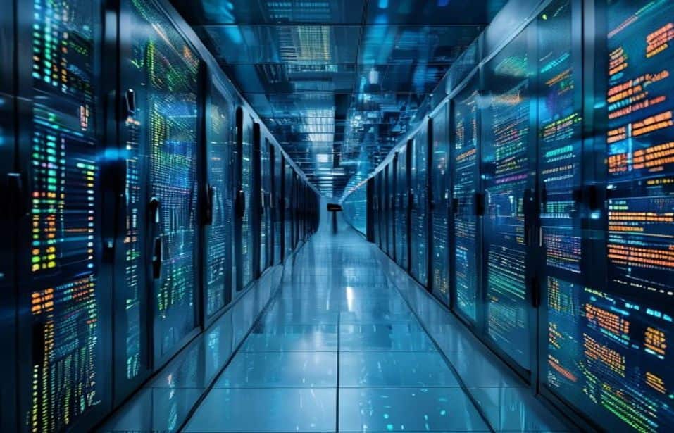 Ecrãs financeiros e servidores de centro de dados em imagem editorial sobre tecnologia e mercados