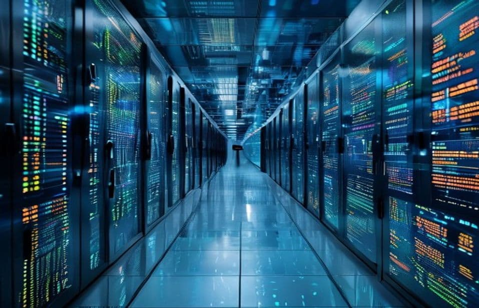 Ecrãs financeiros e servidores de centro de dados em imagem editorial sobre tecnologia e mercados