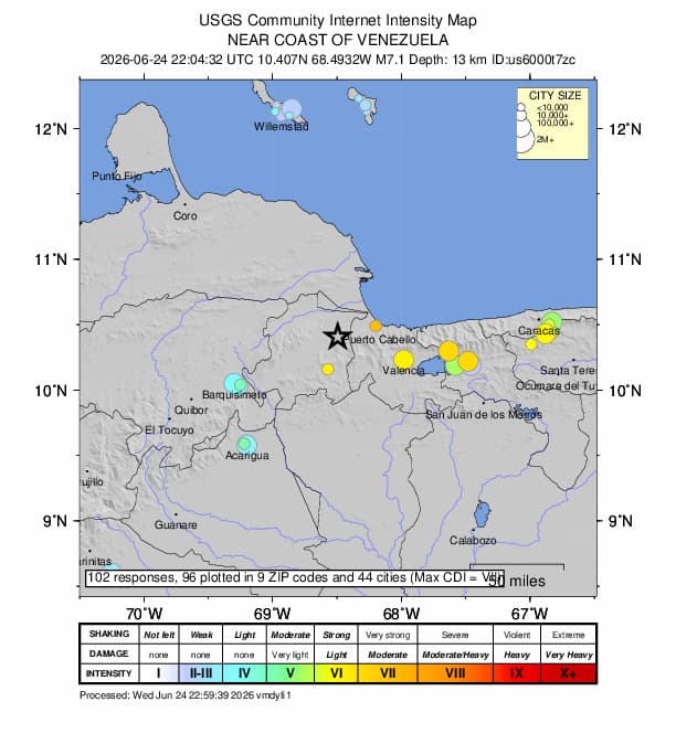 Mapa de intensidade sísmica na Venezuela produzido por entidade geológica