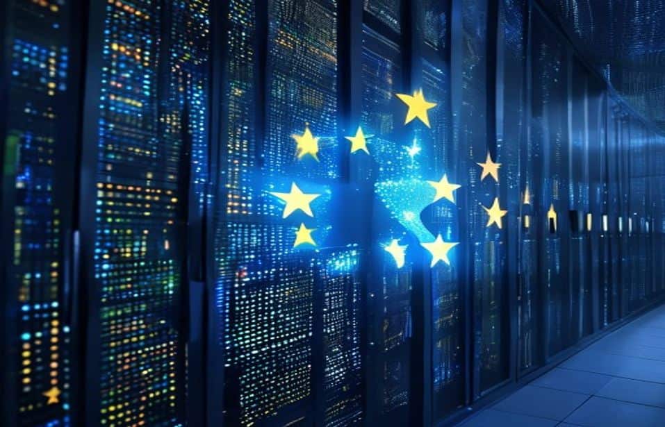 Centro de dados com luzes azuis e estrelas europeias abstractas em imagem sobre regulação digital